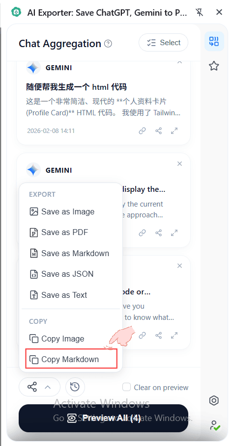 Copy from the sidebar