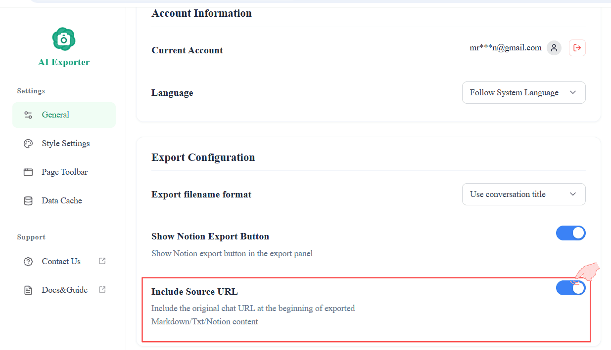 Enable Include Source URL toggle