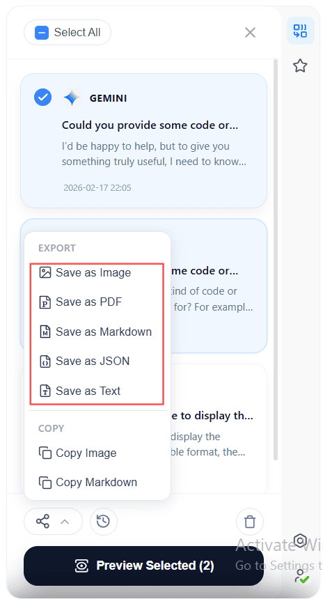 Click export directly in the sidebar