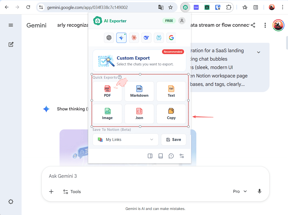 Choose desired export format
