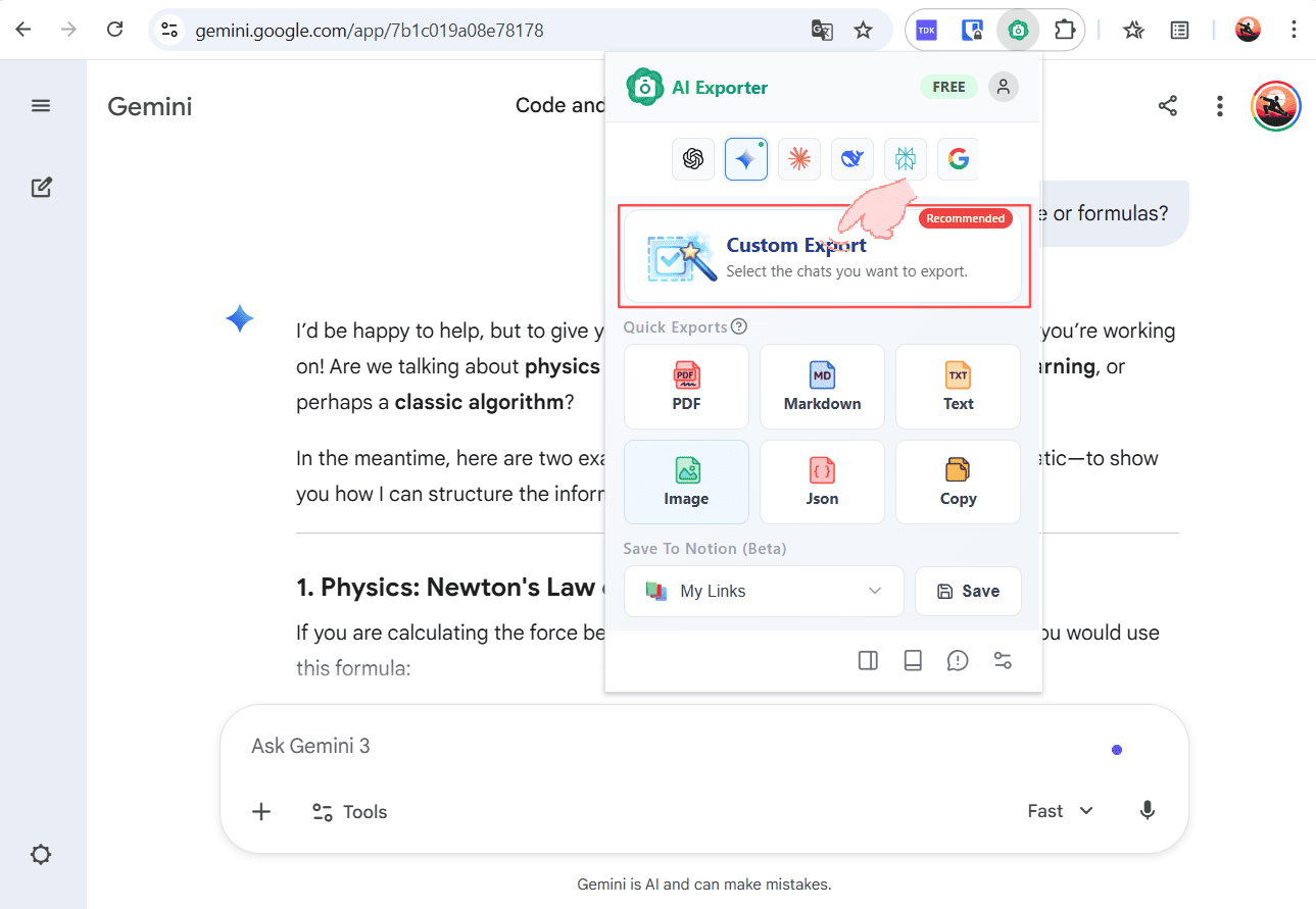 Click Custom Export entry