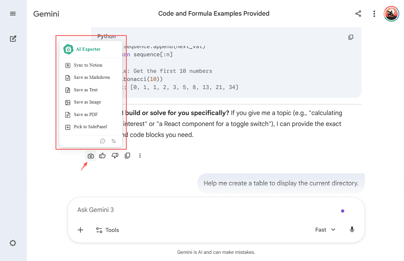 Hover to show quick export panel on single message