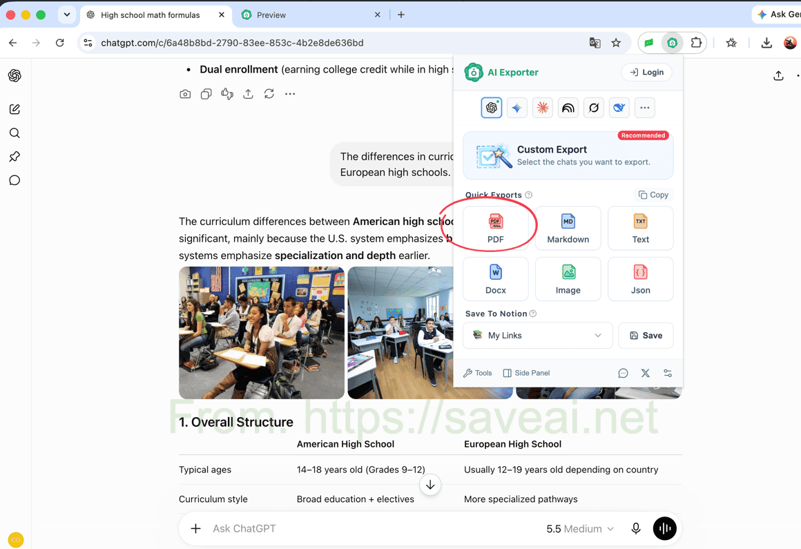 AI Exporter popup with the PDF export option highlighted over a ChatGPT conversation