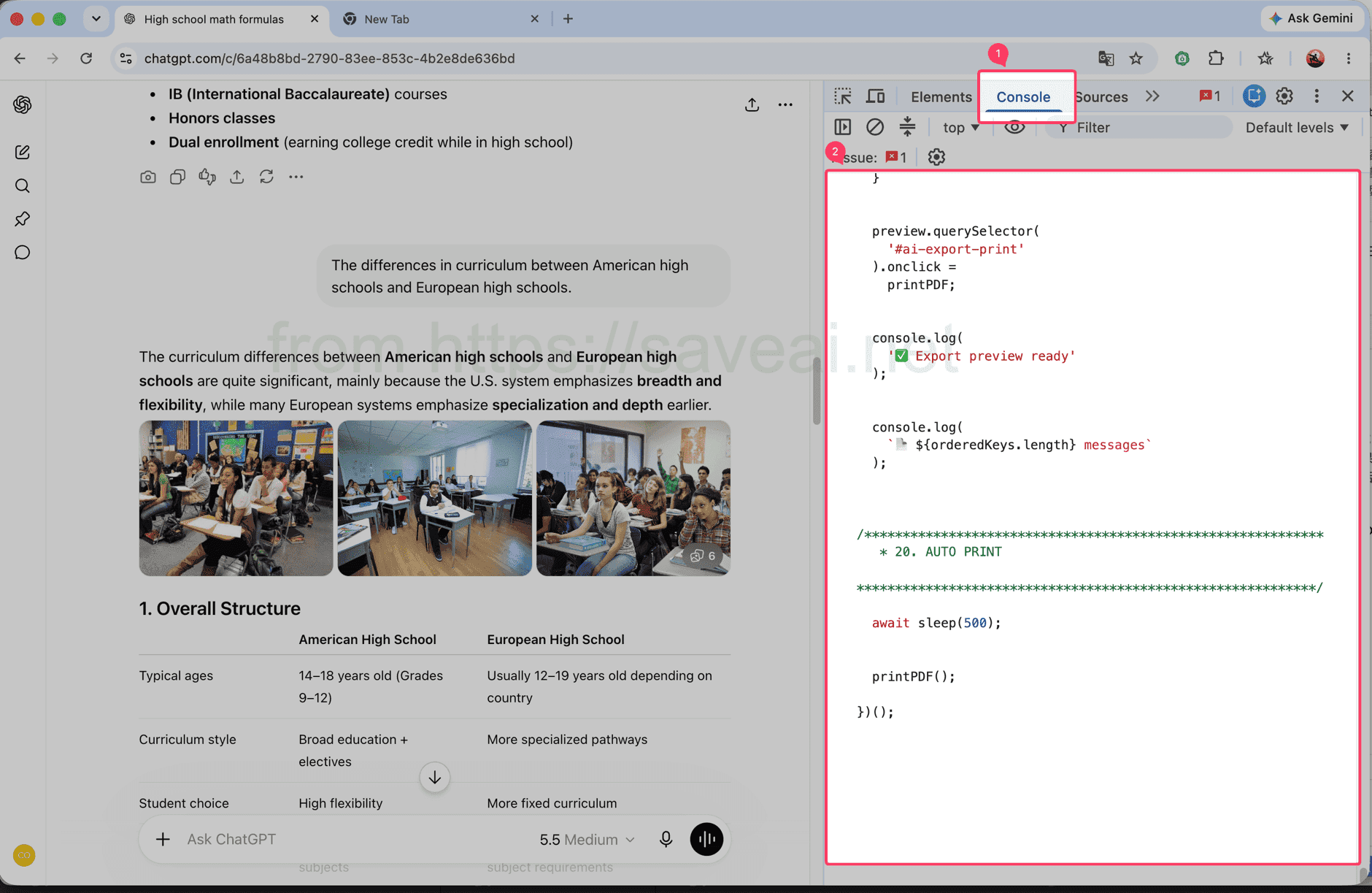Chrome DevTools with the Console tab and script input area highlighted