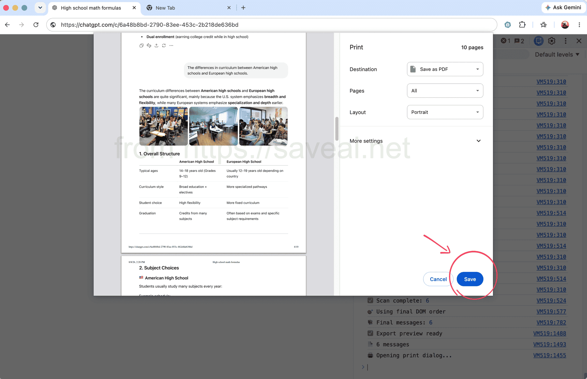 Chrome print window set to Save as PDF after the script finishes collecting ChatGPT messages